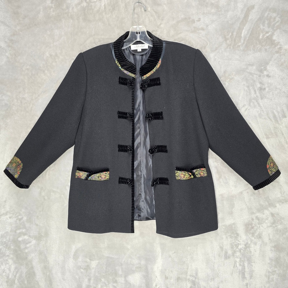 Member Jacket Women XL Black Frog Closure Velvet Trim Asian Inspired Chinoiserie
